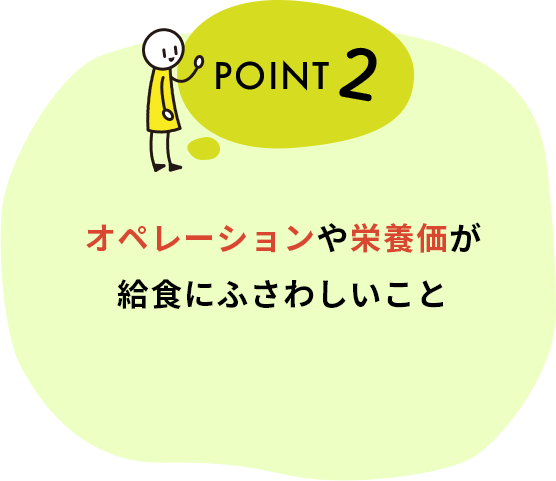 オペレーションや栄養価など、給食にふさわしいレシピであること